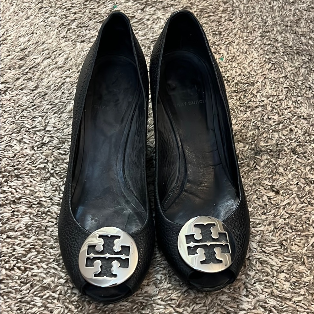 Tory Burch Black Peep-Toe Heels with Silver Logo